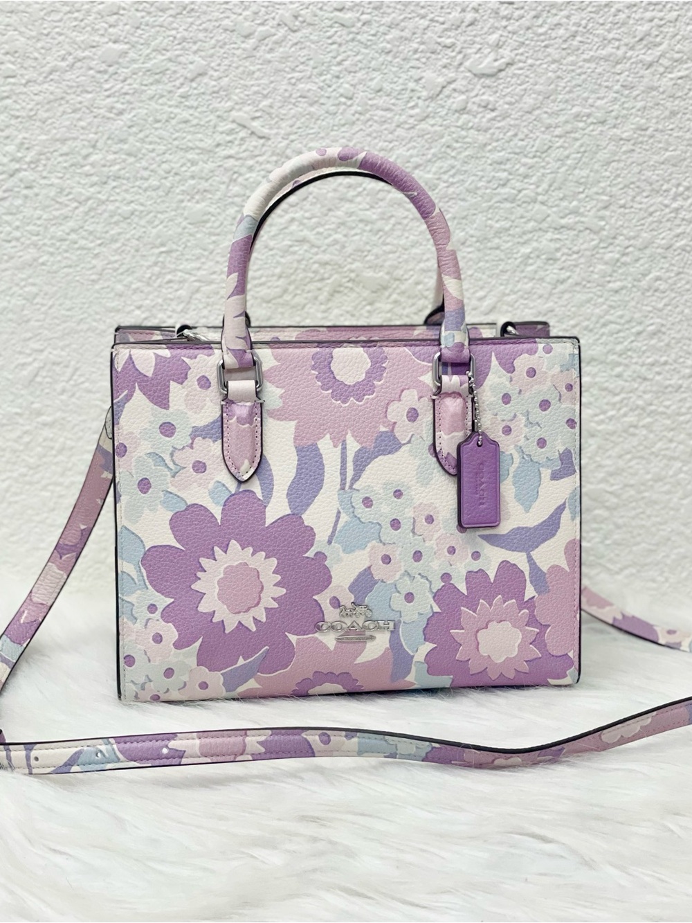 COACH Maggie Small Tote Bag Crossbody Floral Print In Leather Ivory/Purple CBM08